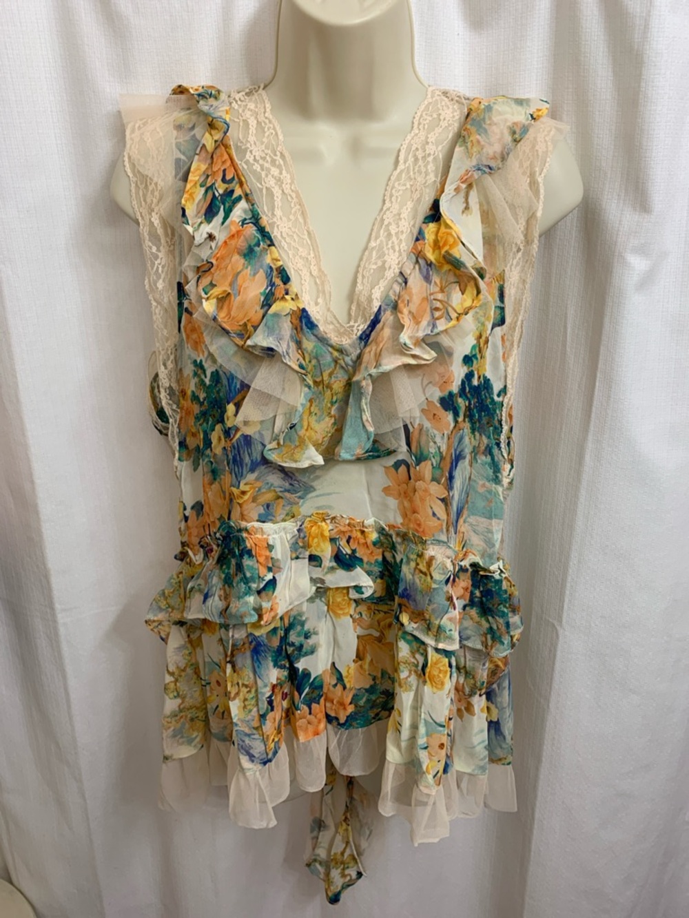 Anthropologie Floral Ruffle Chiffon Lace Sleeveless V-Neck Tunic
